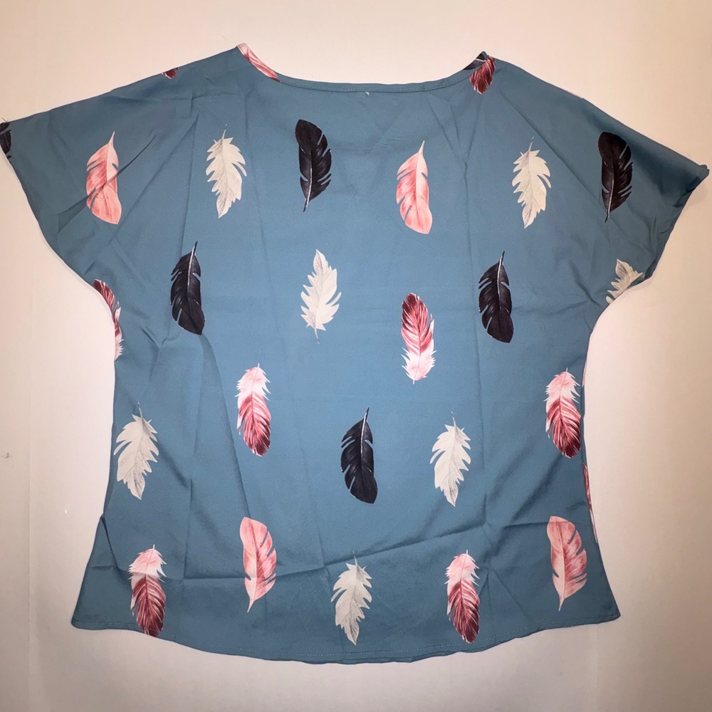 Womens Palm Grove Tropical Leaf Tank and Feather Print Top Bundle Blue Coral L - Picture 14 of 15